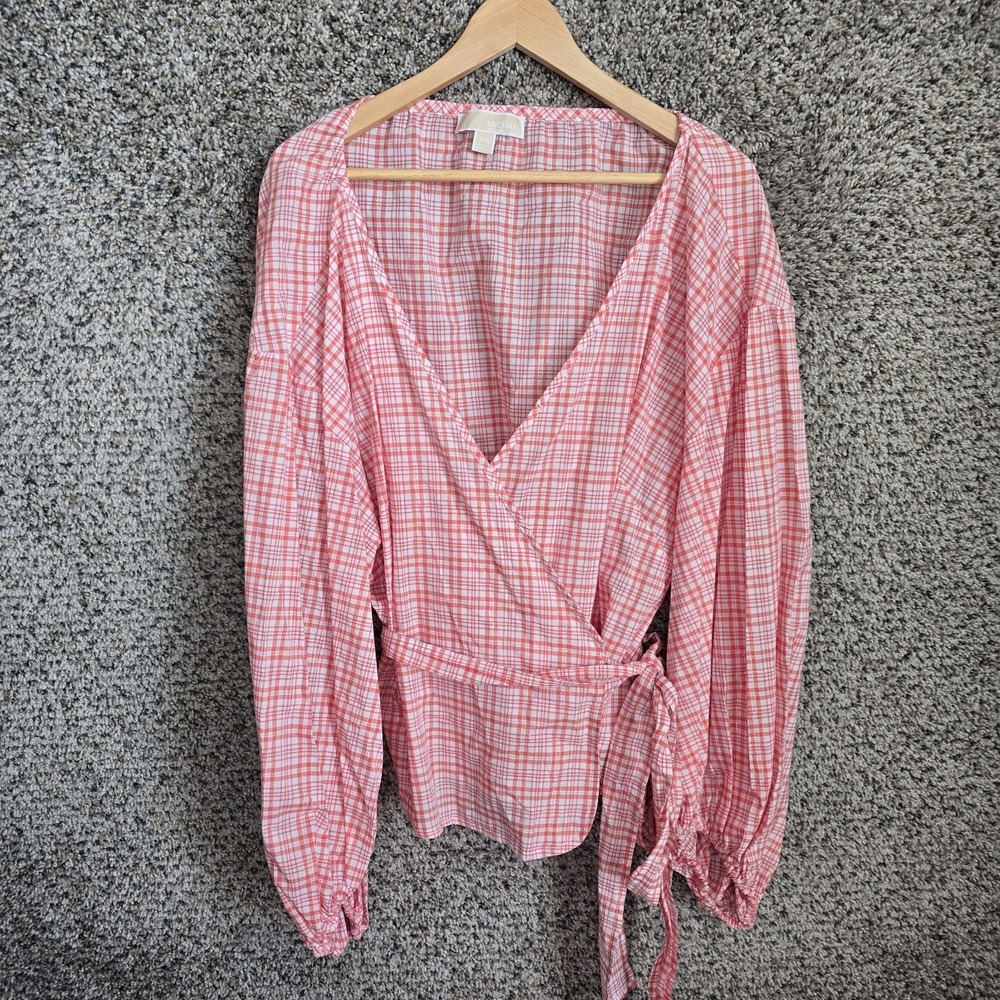 Michael Kors Top‎ Womens XXL 2XL Red Plaid Wrap Blouse Semi Sheer Casual Ladies